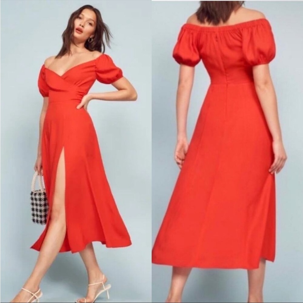 Reformation red puff short sleeve surplice midi dress